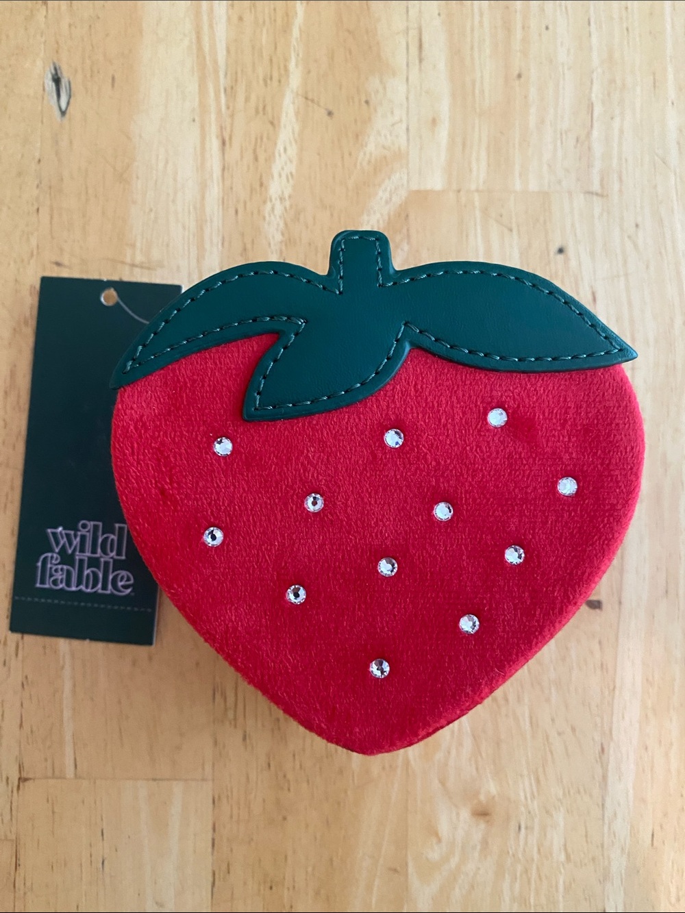 Red Strawberry heart travel jewelry box with Green Leaf Accent & rhinestones NWT